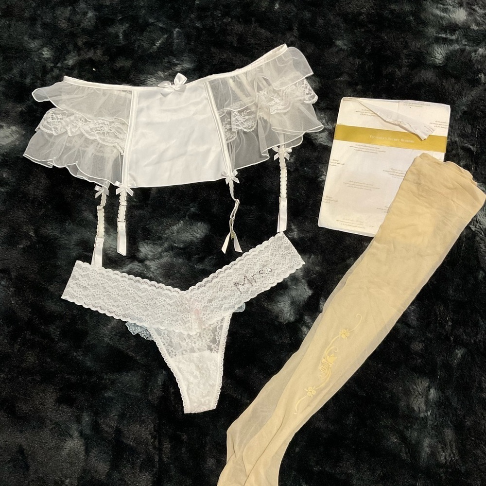 Victoria's Secret White “I Do’’ and Light Blue Lace Lingerie Set